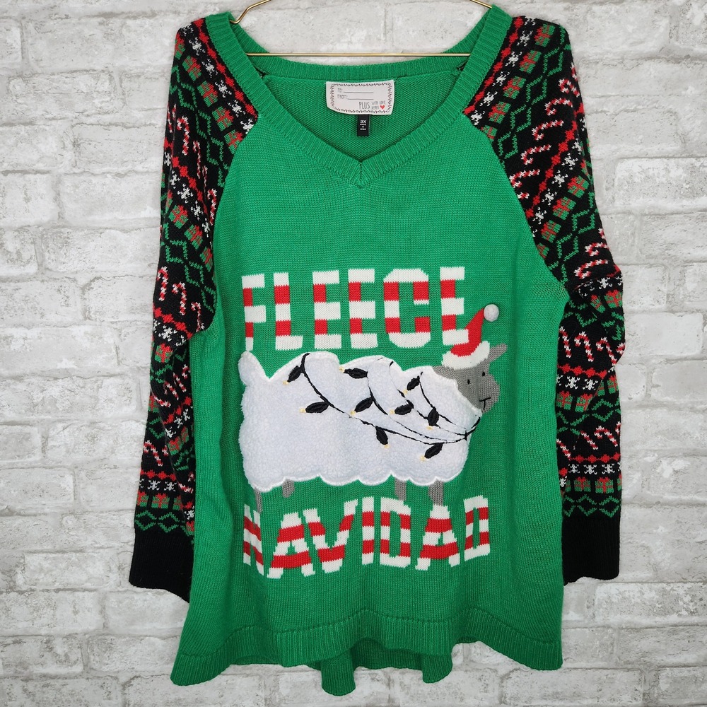 Plus With Love Christmas Sweater Fleece Navidad Sheep Pun Festive Kitschy 3X